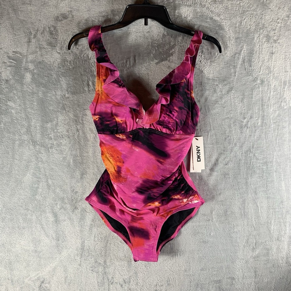 DKNY Women's Swimsuit S One‎ Piece Ruffle Pink Abstract Mirage Underwire NWT